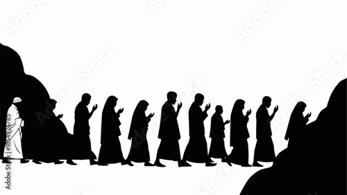 Silhouetted people walking in a line praying or meditating.