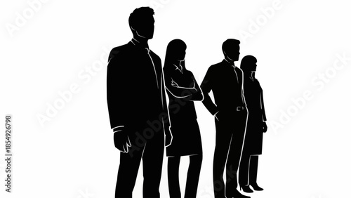 Silhouettes of four business people standing together in a line.