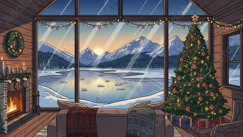 Cozy winter cabin interior with christmas tree, fireplace, and snowy mountain lake view at sunset, decorated with lights and wreaths, festive holiday atmosphere