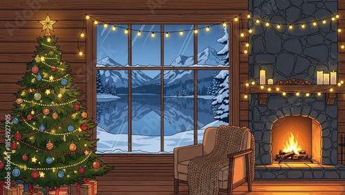Warmly lit christmas tree beside a cozy fireplace with snowy mountain view through large window at dusk