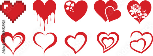 Heart icon set isolated on white background. Romantic symbol suitable for Valentine’s Day, wedding, love-themed designs, cards, posters, and digital projects.