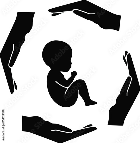 Stylized vector of a baby in fetal position encircled by four hands, symbolizing care and safety. Isolated on transparent background
