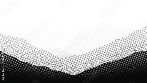 Halftone illustration of mountain range with white and black gradient background and halftone texture