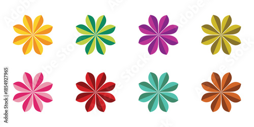 Set of eight colorful stylized flower icons or symbols