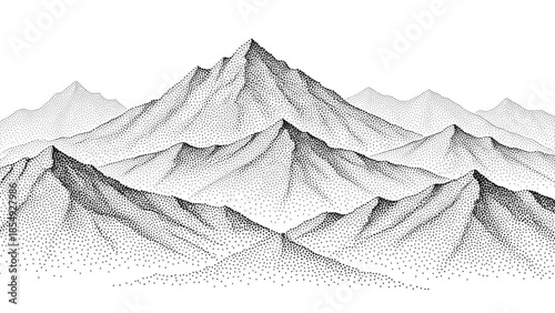 Detailed stippled illustration of rugged mountain range with multiple peaks and varied shading on white background