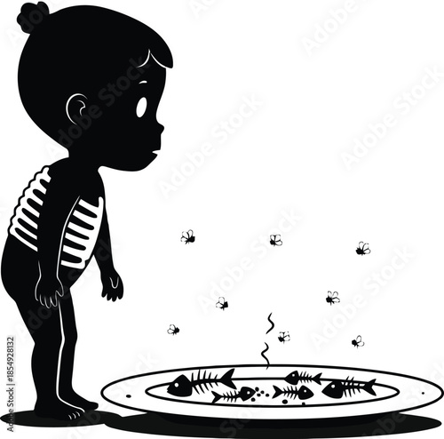Stylized vector of malnourished child beside decomposing food, symbolizing hunger and poverty. Isolated on transparent background

