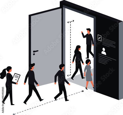 Stylized vector of group walking through open door toward evaluation symbols, representing job application and onboarding. Isolated on transparent background
