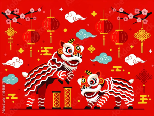 Vector flat design illustration of two lion dance performers in traditional costumes surrounded by lanterns and cherry blossoms on a vibrant red background with festive elements.