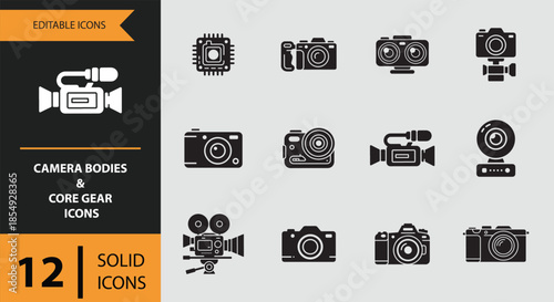 Modern solid icons of camera bodies and core gear for photography and videography projects