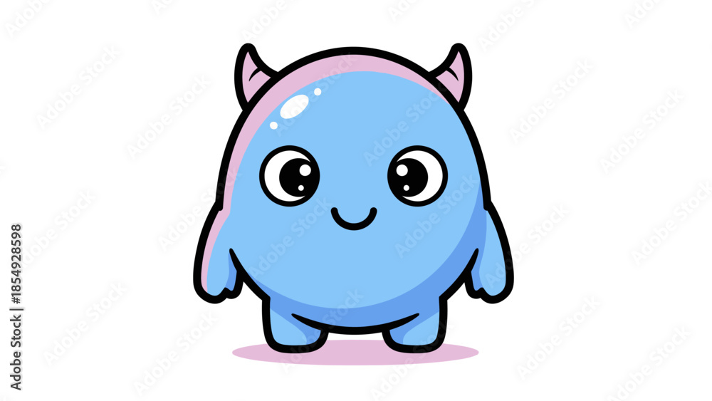 Fototapeta premium A cute blue cartoon creature with pink hair and horns smiles on a white background