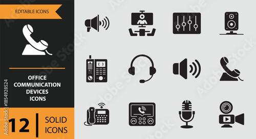 A collection of 12 solid icons representing essential office communication and media devices