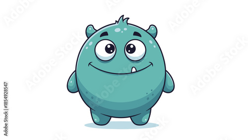 A cute cartoon monster with big eyes smiles cheerfully on a white background illustration.