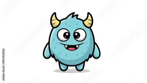 A cute cartoon monster with horns smiles at the viewer in a graphic illustration.