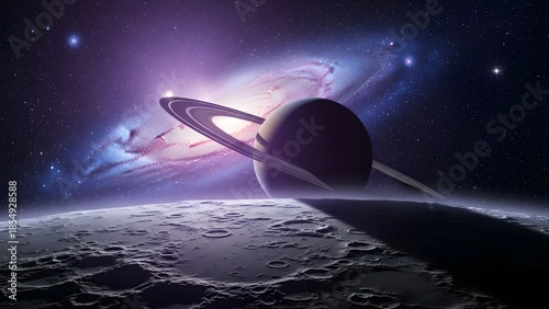Saturn Planet With Rings In Deep Space Nebula Galaxy Background.