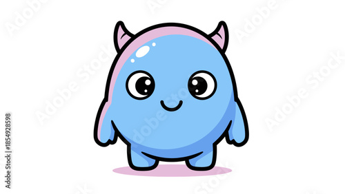 A cute blue cartoon creature with pink hair and horns smiles on a white background