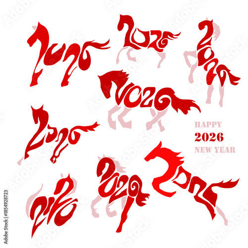 Holiday card Happy New Year 2026. Stylized image of a fire horse according to the Eastern Chinese calendar. Astrological New Year.	
