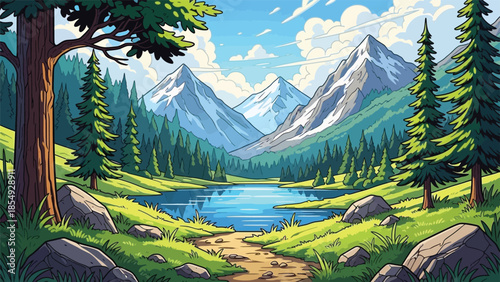 Serene mountain landscape with a lake and trees