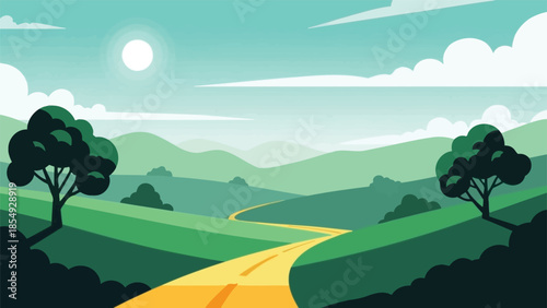 Serene landscape with winding road through rolling hills