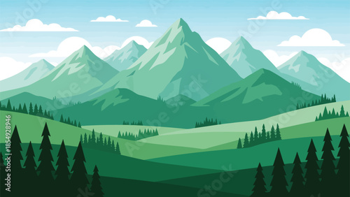 Serene mountain landscape with lush green forest and majestic peaks