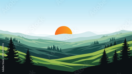 Serene mountain landscape with sunset and silhouetted trees