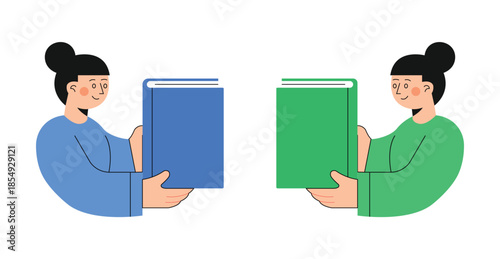 Book exchange or book crossing concept, Women Reading Books Illustration – Flat Style Female Characters Holding Books, Education and Learning Concept Isolated on White Background