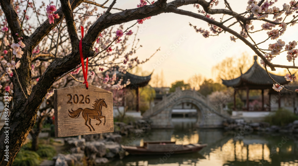 Fototapeta premium Scenic view of a wooden plaque carved with the year 2026 and a horse, hanging from a blooming plum blossom branch overlooking a misty lake and traditional pagoda.