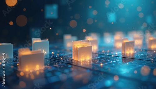Digital folders arranged on a glowing circuit board represent organized electronic data. Files are structured for quick search and efficient retrieval in a modern database system.