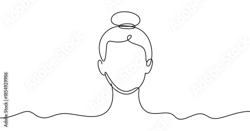 Woman head with hair bun continuous one line drawing, minimalist female face portrait silhouette on white background, professional vector line art.