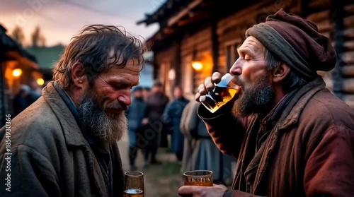Two drunk men are talking in a village