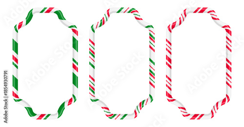 Set of Three Festive Christmas Candy Cane Frames with Red and Green Stripes. Vector striped border candy lollipop pattern