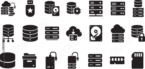  Data storage flat icon set with modern symbols for database, cloud, server, backup and technology UI.