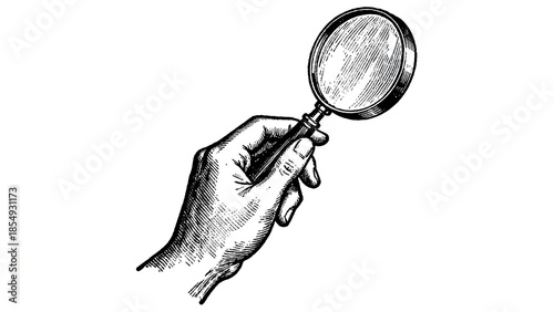 Vintage illustration of a hand holding a magnifying glass