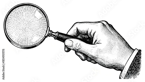 Vintage illustration of a hand holding a magnifying glass