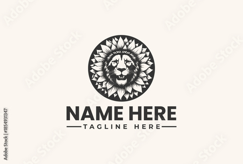 A black and white illustration of a lion's head logo with a floral pattern, surrounded by placeholder text on a beige background.