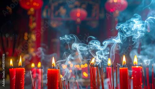 Candles and incense smoke rising in a serene and mystical atmosphere within a temple setting