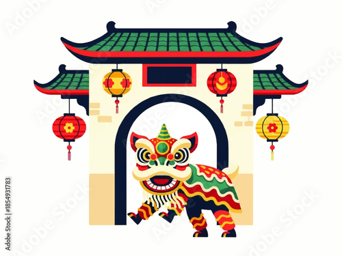 Vector flat design illustration of a colorful lion dance performance in front of a traditional Chinese gate with lanterns.