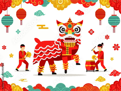 Vector flat design illustration of a traditional lion dance performance with two dancers and decorative lanterns, set against a white background with a festive and celebratory mood.