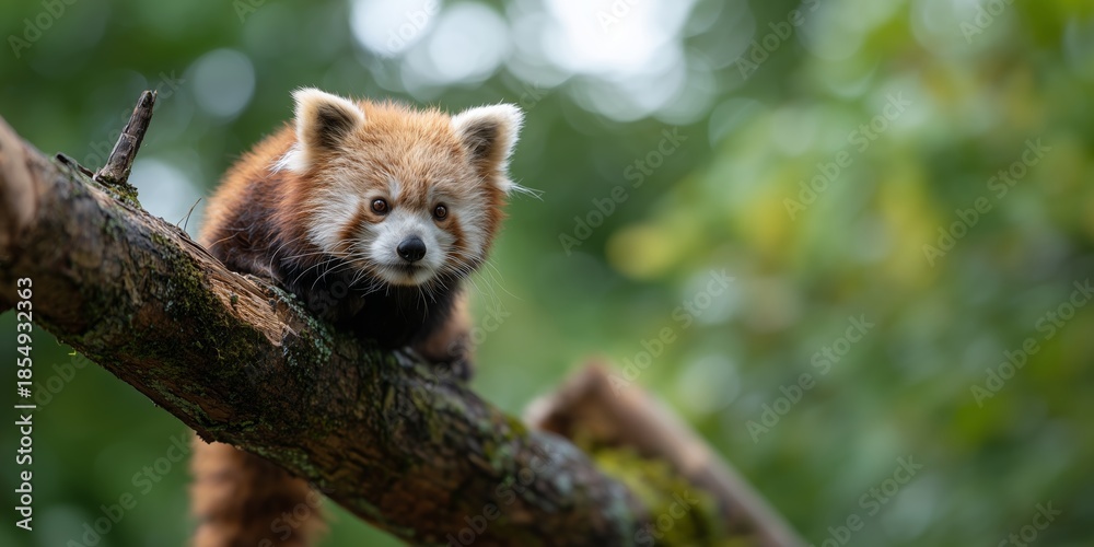 Naklejka premium Red panda climbs a tree branch in a natural habitat during the day