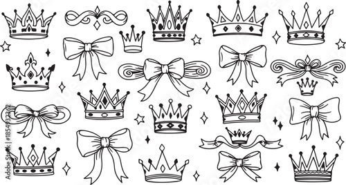 Crown and Bow Icon Set Isolated on White Background