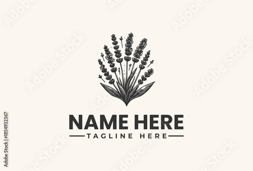 Black and white logo illustration of a lavender plant with sample text on a clean white background.