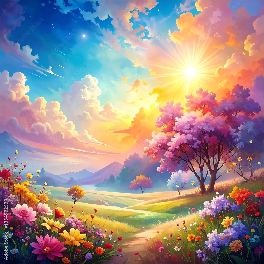 Fototapeta premium Vibrant artwork of a field filled with blooming flowers, trees, and bright sun against a colorful sky