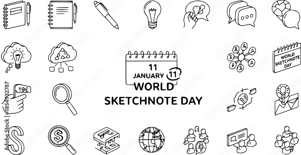 Obraz premium World Sketchnote Day Celebration: Icons for Creativity, Ideas, and Collaboration