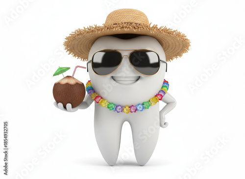 Cute 3D Tooth Mascot Wearing Sunglasses and Straw Hat Holding Coconut Drink
