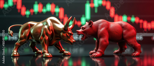 Bull and bear figurines represent market trends, symbolizing growth and decline finance. background features stock market chart with fluctuating