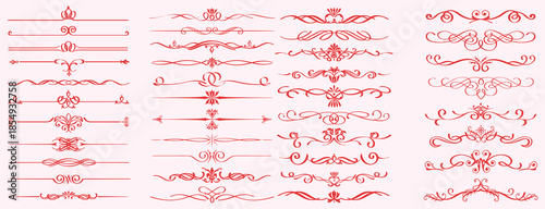 Vintage Floral Dividers and Ornamental Line Borders Set Description: A large collection of elegant red calligraphic dividers and decorative floral rulers. Ideal for separating text in wedding invitati