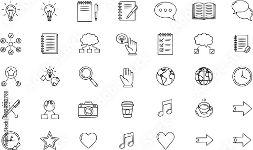 Hand-drawn vector icons: lightbulbs, notebooks, clouds, globes, cameras, hearts, music notes, and more