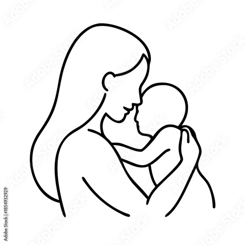 Elegant line art of mother holding baby, simple monochrome outline drawing conveying minimalist style, maternal love, parenthood concept and design element