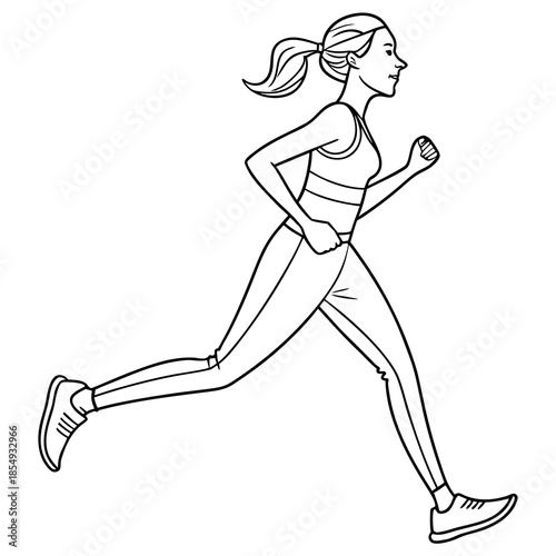 Elegant line art of a woman running, vector outline illustration, minimalist design for print, fitness concept, isolated on white backdrop