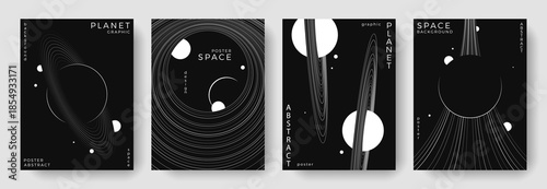 Set of abstract space astronomy backgrounds. Linear simple planet, black hole. Black and white science future concept. Futuristic minimalist design for cover, poster, banner, flyer, brochure, ads