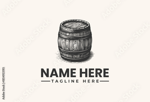 A grayscale illustration of a wooden barrel with a customizable name and tagline on a plain background, featuring a logo and vector design elements.